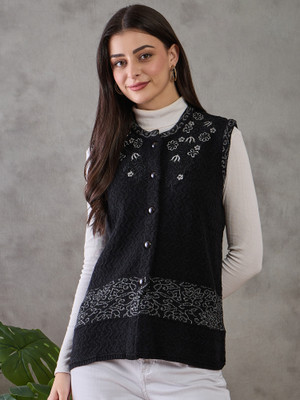 CLAPTON Embroidered Round Neck Casual Women Black Sweater