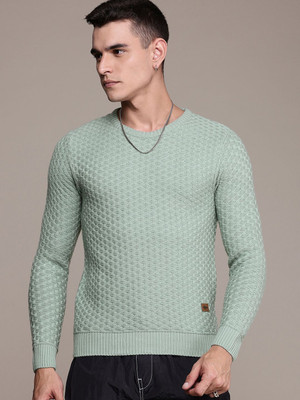 Roadster Self Design Round Neck Casual Men Green Sweater