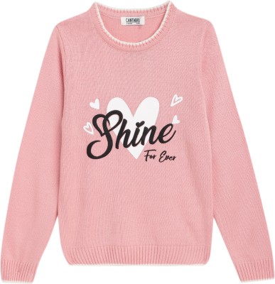 CANTABIL Printed Round Neck Casual Girls Pink Sweater