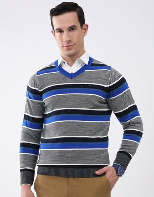 MONTE CARLO Striped V Neck Casual Men Blue, Grey Sweater