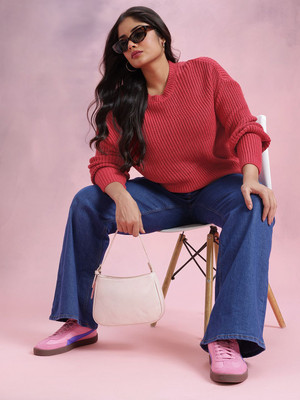 DressBerry Curve Self Design Round Neck Casual Women White Sweater
