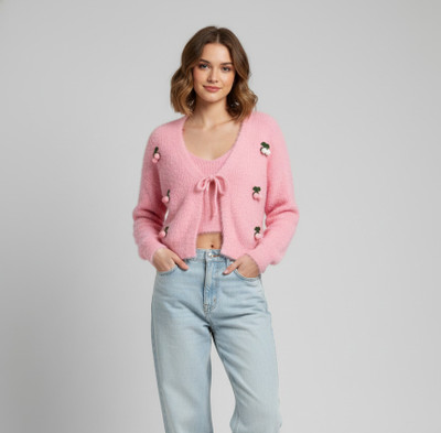 Trinoor Embroidered V Neck Casual Women Pink Sweater