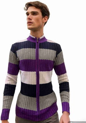 FORWARDS Striped Turtle Neck Casual Men Purple Sweater