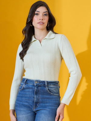 98 Degree North Self Design Collared Neck Casual Women Light Green Sweater