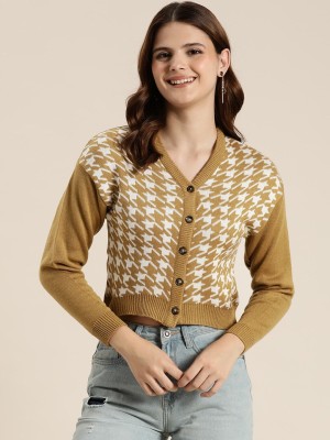 HERE&NOW Self Design V Neck Casual Women Yellow Sweater