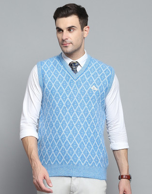 MONTE CARLO Self Design V Neck Casual Men Light Blue Sweater
