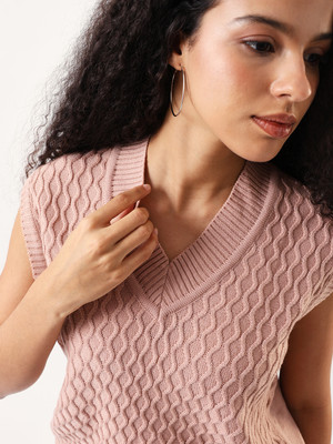 High Star Solid V Neck Casual Women Pink Sweater
