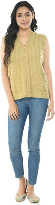 manra Solid V Neck Casual Women Beige Sweater