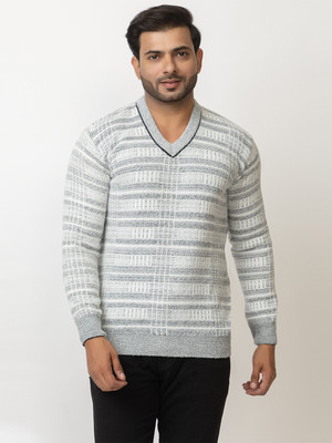Loglo Striped V Neck Casual Men Grey Sweater