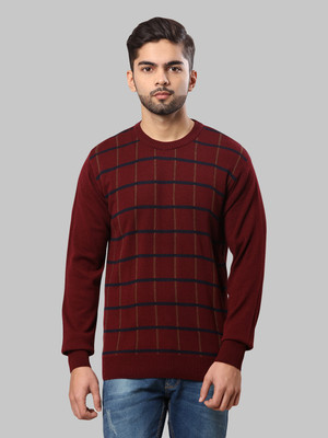 Raymond Self Design Round Neck Casual Men Maroon Sweater