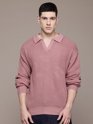 Roadster Self Design V Neck Casual Men Pink Sweater