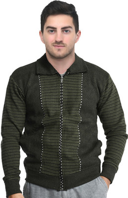Life and style Striped Collared Neck Casual Men Green Sweater
