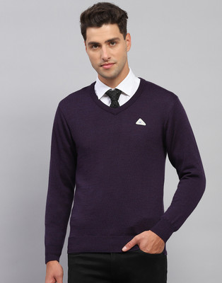 MONTE CARLO Solid V Neck Casual Men Purple Sweater