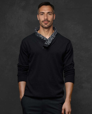 RARE RABBIT Printed, Self Design Cowl Neck Casual Men Black Sweater