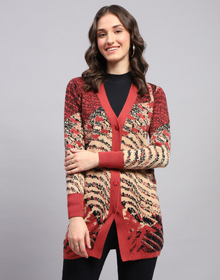 MONTE CARLO Self Design V Neck Casual Women Red Sweater