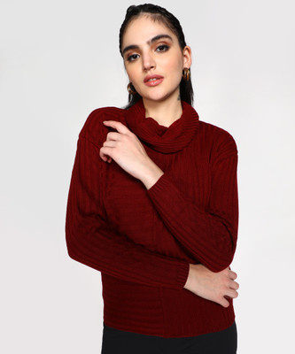 NUMERO UNO Self Design Cowl Neck Casual Women Maroon Sweater