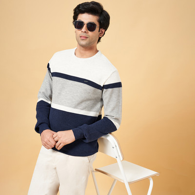 Byford by Pantaloons Striped Round Neck Casual Men Blue Sweater