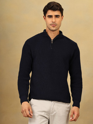KVETOO Solid High Neck Casual Men Dark Blue Sweater