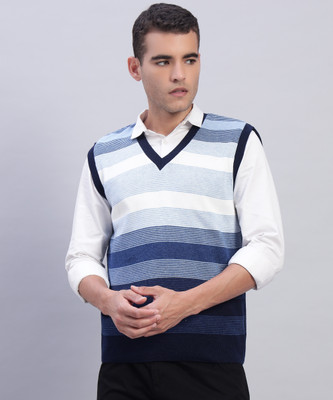 MYLES Striped V Neck Casual Men Blue Sweater