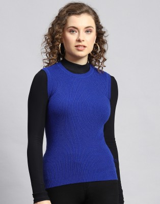 MONTE CARLO Solid Round Neck Casual Women Blue Sweater