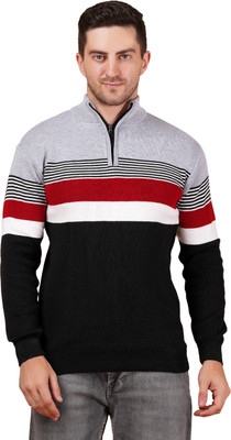 FUKUSO Striped Collared Neck Casual Men Black Sweater