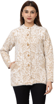 FASHSTORE Floral Print Round Neck Casual Women Beige, White Sweater