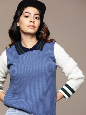 Roadster Colorblock Collared Neck Casual Women Blue Sweater