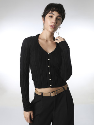 ONLY Self Design V Neck Casual Women Black Sweater