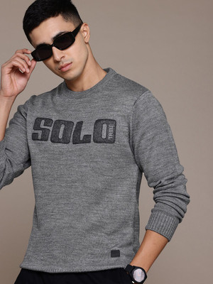 Roadster Self Design Round Neck Casual Men Grey Sweater