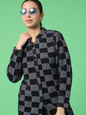 V-MART Self Design Mandarin Neck Casual Women Black Sweater