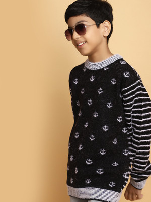 V-MART Printed Round Neck Casual Boys Black, Black Sweater