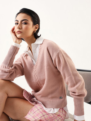 High Star Self Design V Neck Casual Women Pink Sweater