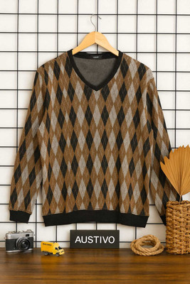 Austivo Printed Round Neck Casual Men Beige Sweater