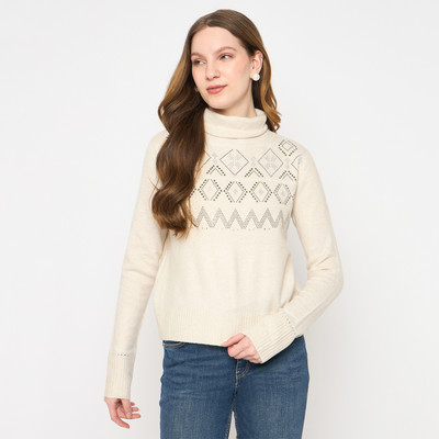 MADAME Printed High Neck Casual Women Beige Sweater