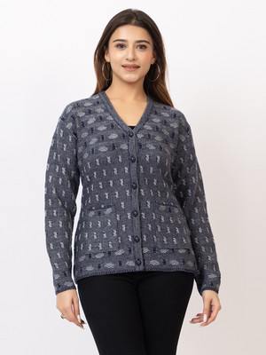 TWENTY ME Embroidered V Neck Casual Women Dark Blue Sweater
