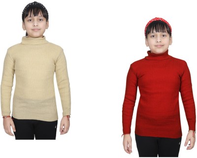 IndiWeaves Solid High Neck Casual Girls Beige, Red Sweater