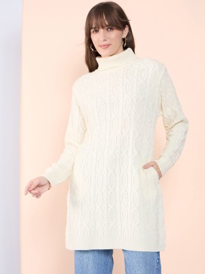 CLAPTON Self Design High Neck Casual Women White Sweater