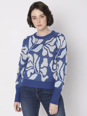 VERO MODA Printed Round Neck Casual Women Blue Sweater