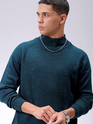The Indian Garage Co. Solid High Neck Casual Men Green Sweater