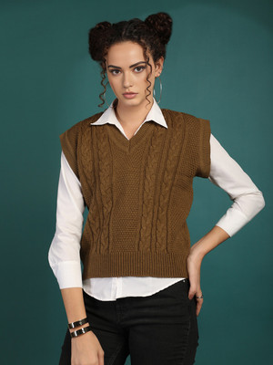 CHKOKKO Woven Collared Neck Casual Women Brown Sweater