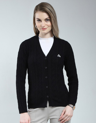 MONTE CARLO Self Design V Neck Casual Women Black Sweater