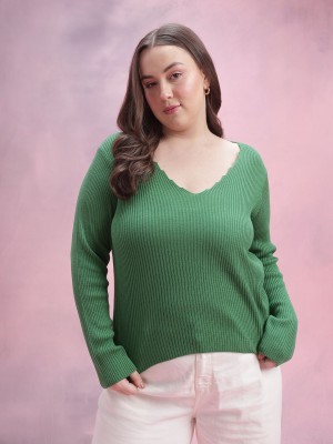 DressBerry Curve Solid V Neck Casual Women Green Sweater