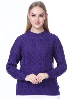 NOQUO Self Design Round Neck Casual Women Purple Sweater