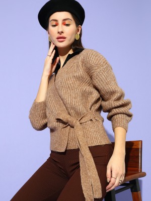 STREET9 Self Design V Neck Casual Women Brown Sweater