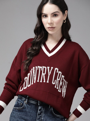 Roadster Self Design V Neck Casual Women Maroon Sweater