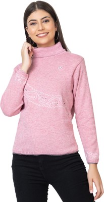 KVETOO Embroidered Round Neck Casual Women Pink Sweater