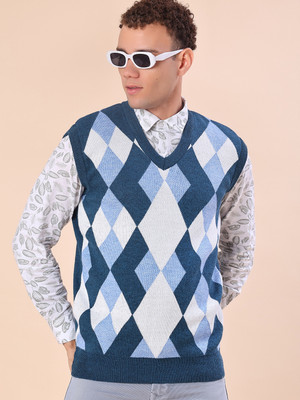 V-MART Geometric Print V Neck Casual Men Blue Sweater