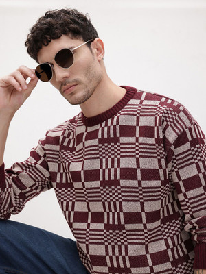 Roadster Checkered Round Neck Casual Men Maroon Sweater