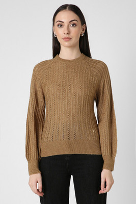 VAN HEUSEN Self Design Round Neck Casual Women Brown Sweater