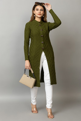 Dartline Self Design Round Neck Casual Women Dark Green Sweater